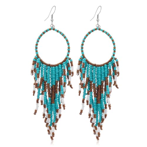Boho Long Fringe Drop Dangle Statement Earrings for Women Girls Hademade Ball Beads Hoop Tassel Chain Woven Dangling Hook Chandelier Tribal Exaggerated Dream-catcher Jewelry (Turquoise) -  Dtja