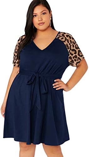 Romwe Women's Plus Size Short Sleeve Leopard Print Belted Casual Tunic Midi Dress