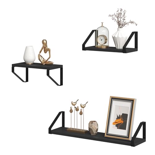 EUGAD 3 Estantes de Pared, Estante Colgante, Estante de Cocina Montado en Pared, Balda Flotante Decorativa para Cocina Baño Salón Dormitorio, Negro, 60x15x11 cm y 30x15x11 cm