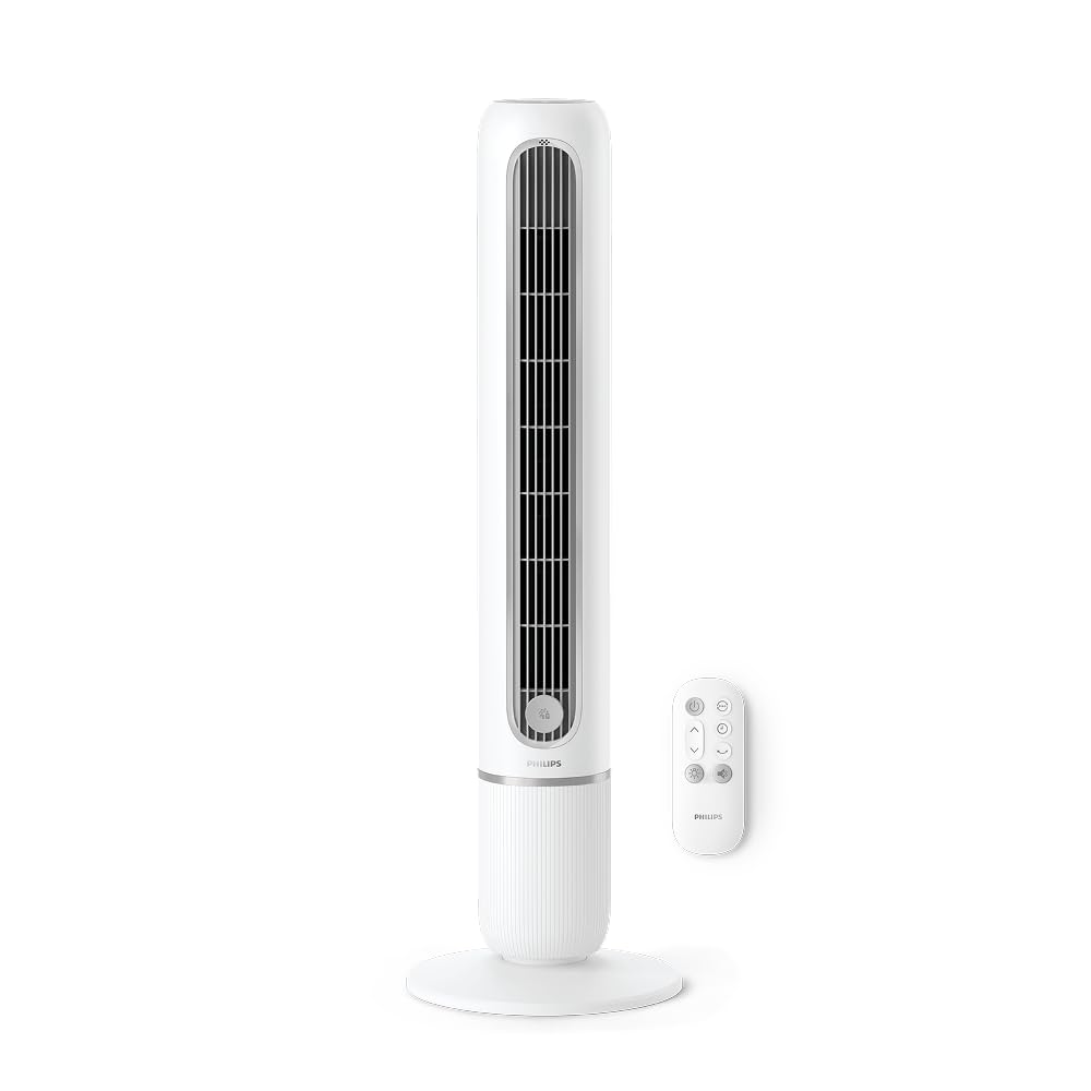 Philips Ventilador de torre Serie 5000 - Potente 8,1 m/s, ultrasilencioso 24 dB, ventilador torre bajo consumo energético, 5 velocidades, modo Sleep, temporizador de 9h, oscilación de 80° (CX5550/00)