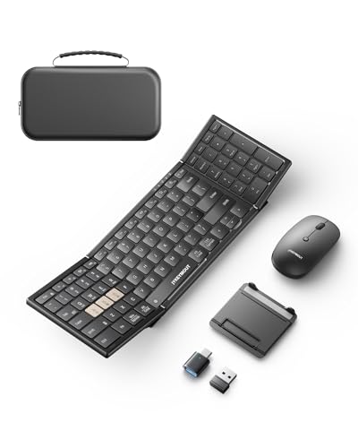 JYKEYMOUT Foldable Keyboard and Mouse Set, USB A+Type C+Bluetooth1&2(4-in-1)Wireless Connection, Portable Full-Size Folding Rechargeable Design with Keyboard Lock for Home/Office/Business Travel-Black