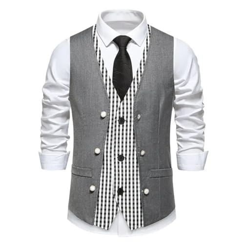 Men’S Vintage Fake Two-Piece Patchwork Plaid Vest Single Breasted Slim Fit Formal Business Wedding Waistcoat4