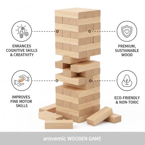 Image of Classic Wooden Stacking Tower Game for Kids & Adults | 39 PCS Premium Tumble Blocks | Educational Indoor Family Board Game for Party & Fun Balance Building Toy