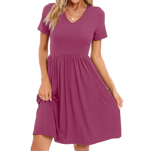 Image of Women's Spring Casual Short Sleeve A-Line Midi Loose Fit Teacher Dresses T-Shirt Flowy Work Travel Sundress with Pockets 2026