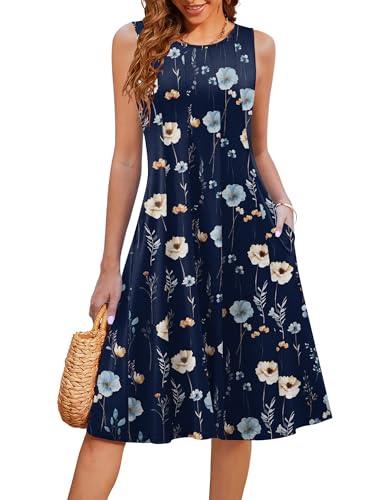Image of HOTOUCH Summer Casual Dresses for Women Sleeveless Midi Dress Swing Tank Sundress Pleated Tshirt Dress with Pockets