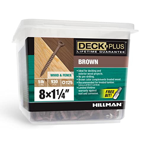 Deck Plus 1-1/4 Inch Epoxy Coated Exterior Wood and Fence Screws #8 x 1-1/4 Torx/Star Drive Included Coarse Thread, Outdoor Rust Resistant Decking Screw, Brown, 5 lb Box, 930 Pieces | 49001