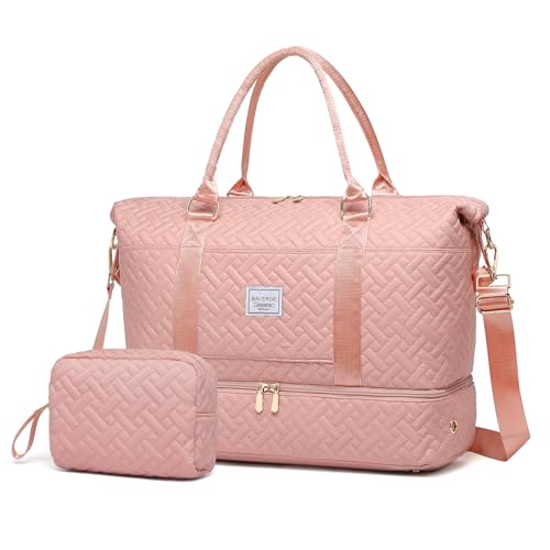 Image of Duffle Bag for Travel, Weekender Bag with Shoe Compartment, Carry On Overnight Bag for Women with Toiletry Bag, Gym Bag with Wet Pocket, Hospital Bags for Labor and Delivery Beige, Pink-Embroidery