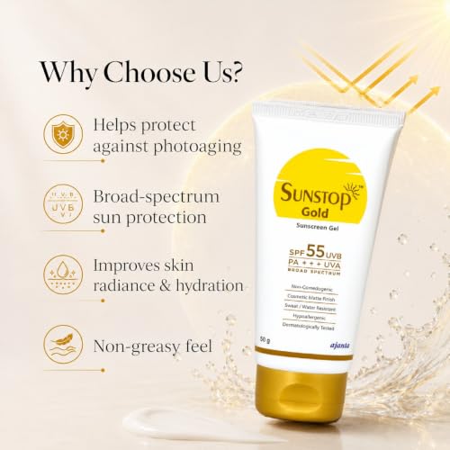 Image of Sunstop Gold Sunscreen Gel SPF 55 PA+++ | Broad Spectrum | Waterproof | Matte-finish Sunscreen | Gel-Based | Dermatologically Tested | Non-comedogenic | Hypoallergenic | Safe for Sensitive Skin | 50g