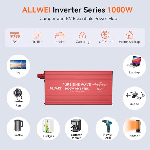 Image of ALLWEI 1000W Pure Sine Wave Inverter, 12V DC to 120V AC Converter | for Home, RV, Truck, Off-Grid Solar, Car Power Inverter with 2 Sockets, Power Inverters for Vehicles, 2000W Peak