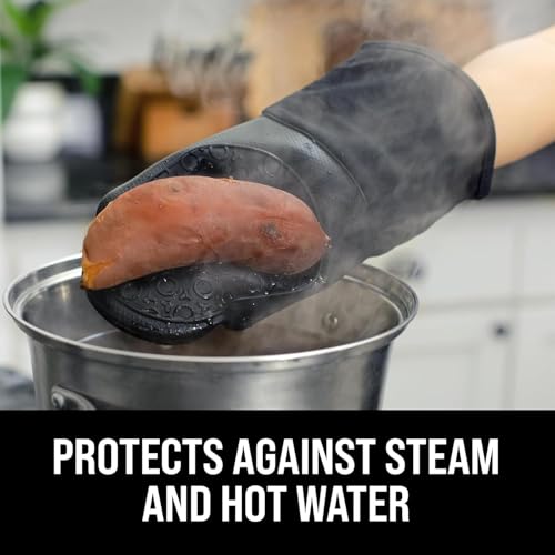 Image of BPA-Free Silicone Oven Mitts Ultra Heat Resistant up to 500F - Oven Mitts with Thick Cotton Liner - Long Slip Resistant Pot Holders, Flexible Oven Gloves - Black 13.7 inch