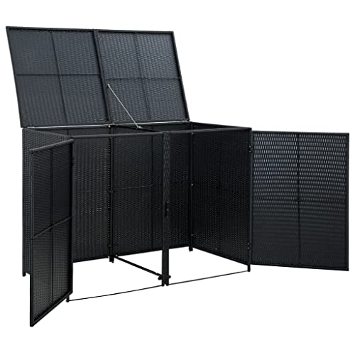 Double Wheelie Bin Shed Outdoor Storage Room Garden Firewood Shed Garbage Storage Shedpoly Rattan Black 58.3"X31.5"X43.7" Suitable For Backyard, Garden, Patio, Lawn #TOP3
