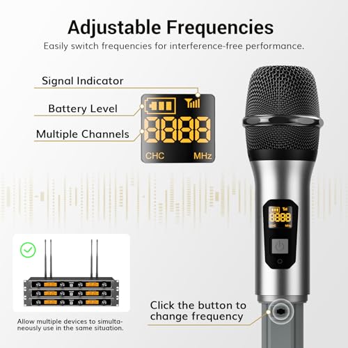 System mikrofonów bezprzewodowych z 4x5 kanałami, metalowymi, bezprzewodowymi mikrofonami ręcznymi, 4 anteny TONOR o zasięgu 90m UHF, do śpiewania, imprez, karaoke w kościele, srebrny
