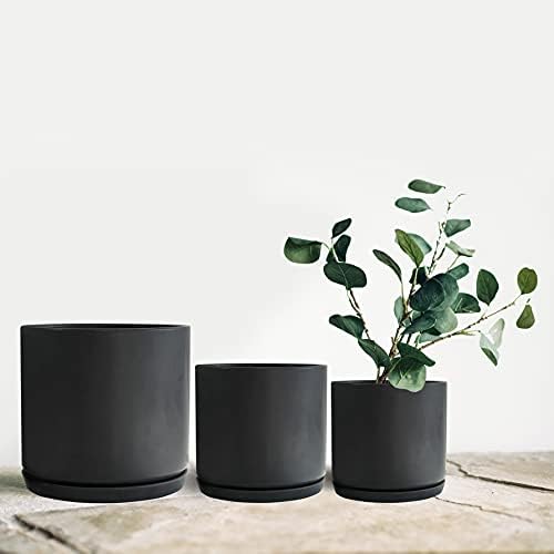 Matt Black Ceramic Plant Pots Garden Planters Set 3 with Saucers Indoor Outdoor Plant Pots Flower Pots Round (Matt Black)