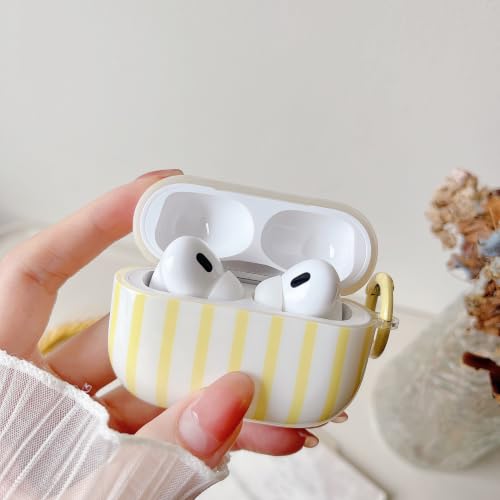 Image of MINSCOSE for AirPods Pro 2nd /1st Generation Clear Case,Cute Striped Pattern Design with Girly Keychain Ring,Soft TPU Protective Shockproof Cover with Cleaner Kit for Airpods Pro /Pro 2-Yellow