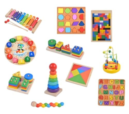 Sailozai早教益智ベビーおもちゃ、木製オルゴールノック、レインボータワー、4本柱、ツイストワーム、モンテッソーリ木製益智おもちゃ1 2 3歳の誕生日プレゼント形状認識 (ビーズ(ライオン)を巻く【11点セット】)