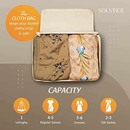 SOLSTICE Cotton Canvas Clothes Storage Bags, Saree Covers with Zip for Storage Specially Design for Woman Dresses, Sarees, Lehengas for Wardrobe Organizer (17 x 14 x 7 Inch, off white, Pack 0f 3)