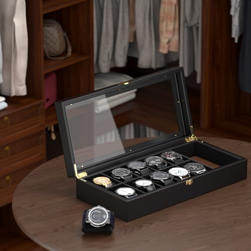 Image of Watch Box Organizer for Men, 10 Slot Watch Display Case With Glass Lid, Wooden Watch Storage Mens Watch Case, Watch Holder Organizer for Men Women -10 Slot, Black