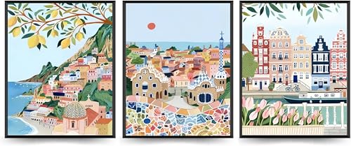 Juego de 3 pósteres de viaje vintage para pared, diseño de ciudades de Europa, Italia, pintura del mundo, lienzo para sala de estar, sin marco (40 x 50 cm)