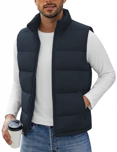 Image of WHN Men's Casual Puffer Vest Lightweight Full Zip Up Work Sleeveless Jacket Stand Collar Outerwear with 3 Pockets