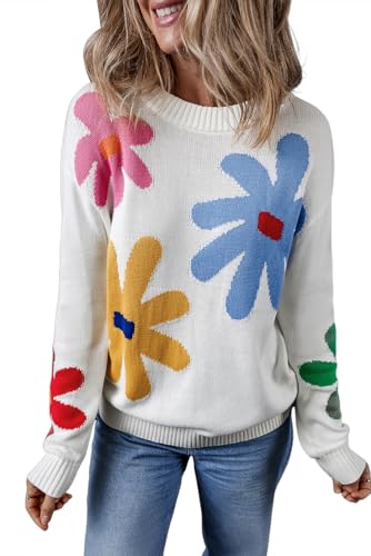 Women's White Floral Pattern Crew Neck Sweater