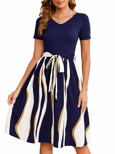 Women's Summer Casual Elegant Vintage Stripe V Neck Short Sleeve Work Party A-Line Knee-Length Dress with Belt D824