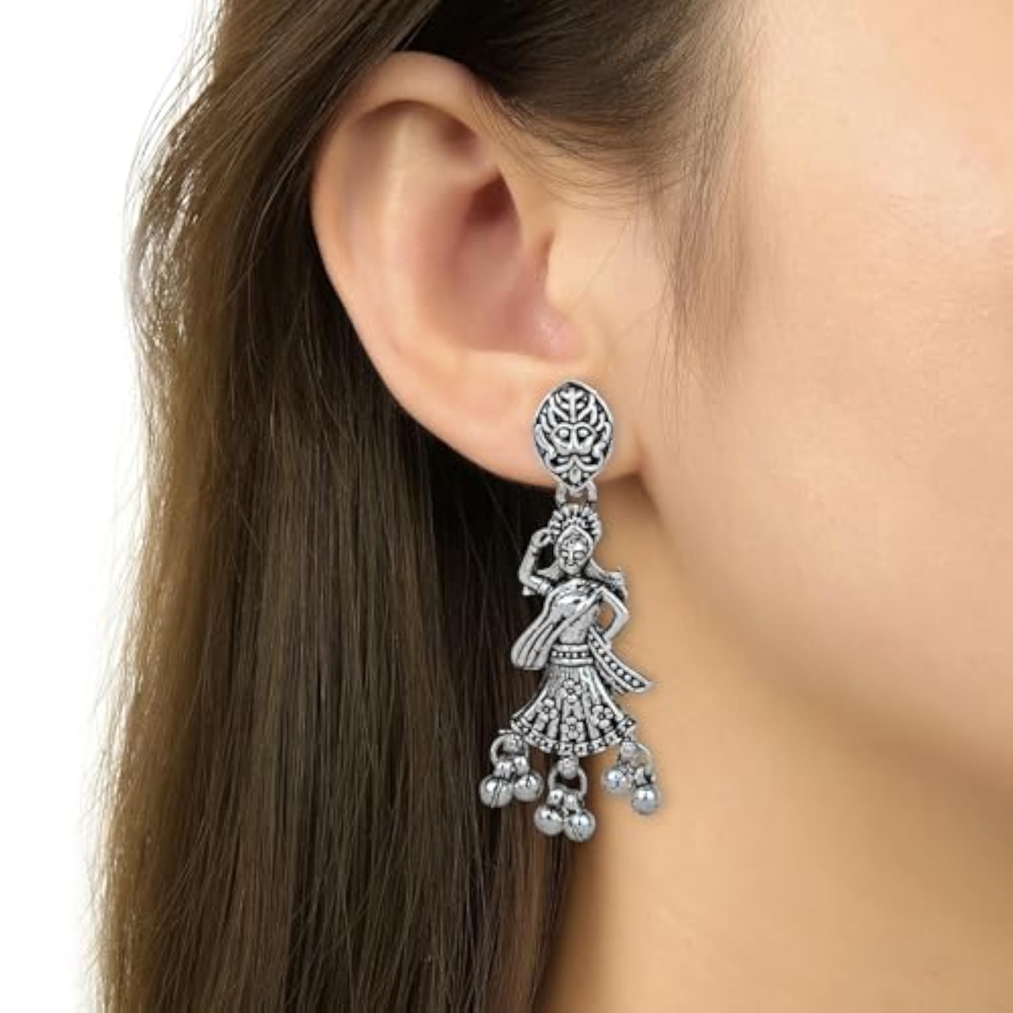 Women's Silver Oxidised Design Long Necklace Jewellery Set