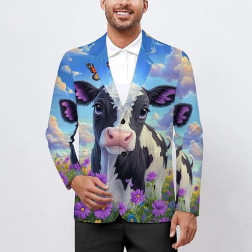 Cow Florals Butterfly Men's Slim Suit Long-Sleeve Prom Tuxedo Classic Two Button Business Jacket2