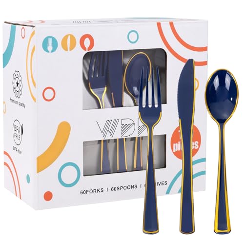 WDF 180PCS Blue Plastic Silverware -Blue and Gold Plastic Cutlery 60 Forks, 60 Knives, 60 Spoons - Disposable Silverware for Party/Wedding/Birthday/Hanukkah