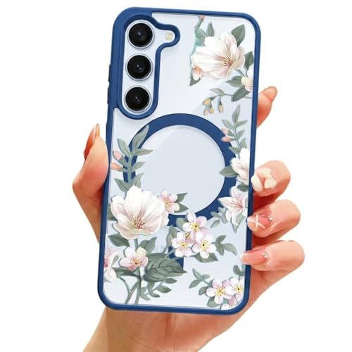 Image of VONZEE Compatible with Samsung Galaxy A35 5G Case Luxury Retro Flowers Floral Clear for Magnetic Wireless Charging Case Shockproof PC+TPU Cute Glossy Shiny Cover for Girls Women, Blue