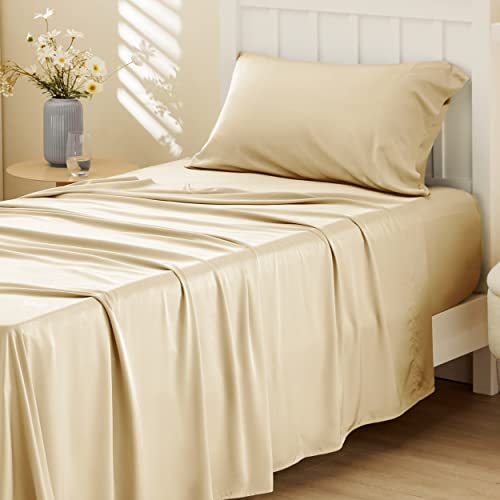 Image of Bedsure Cooling Sheets Twin, Rayon Derived from Bamboo, PureWoven, Breathable & Soft Twin Sheets Set, Deep Pocket Up to 16 Inches, Hotel Luxury Silky Bedding for Hot Sleepers, Alabaster Gleam