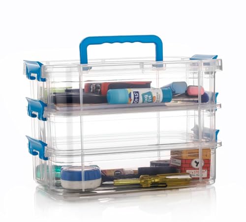 Image of Golden bird plastic boxes for Storage transparent, Space Saving Organiser with Lid Portable & Stackable for Jewelry, Beads, Crochet, Sewing, Scrapbooking DIY Craft (3 tier, Blue)