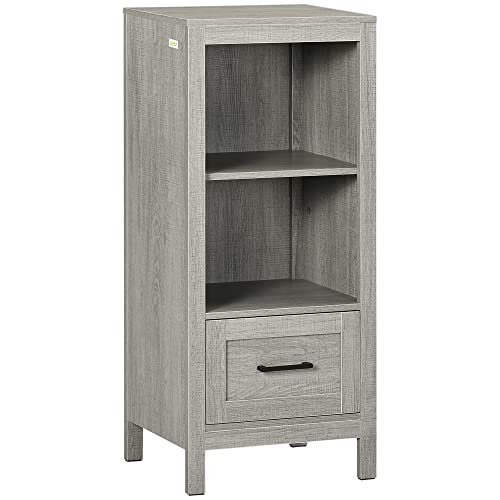 kleankin Armario Auxiliar de Baño con 1 Cajón y 2 Estantes Abiertos Mueble Auxiliar de Baño para Salón Aseo Dormitorio Estilo Moderno Antivuelco 40x30x89 cm Gris