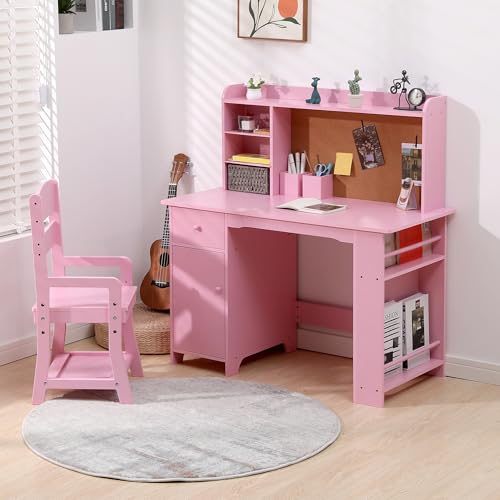 GarveeHome Kids Desk and Chair Set, Wooden Study Table with Storage Shelf, Bulletin Board, Children School Learning Desk Set, Writing Table for Boys and Girls, Pink