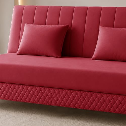 Image of Rosebell Modern 3 Seater Velvet Sofa Cum Bed with Cushion | Premium Upholstered Fabric | Tufted Backrest | Wooden Legs | Living Room Furniture | Red