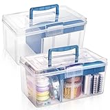 Acshio 2 Pack Plastic Dividing Storage Box, 2 Layer Multipurpose Craft Organizer and Storage Box with Removable Tray Handle, Portable Art Supply Container for Bead, Tool, Sewing
