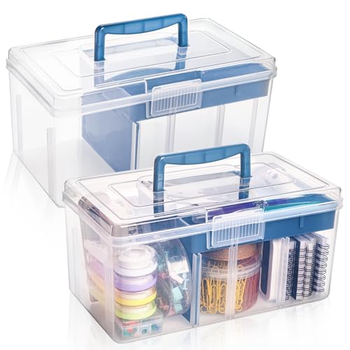 Acshio 2 Pack Plastic Dividing Storage Box, 2 Layer Multipurpose Craft Organizer and Storage Box with Removable Tray Handle, Portable Art Supply Container for Bead, Tool, Sewing