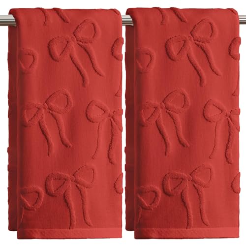 Artoid Mode 2 Pcs Red 3D Bowknot Jacquard Hand Towels for Bathroom 100% Cotton Absorbent Bathroom Decor Soft Towels 13.7 x 29.5 Inch