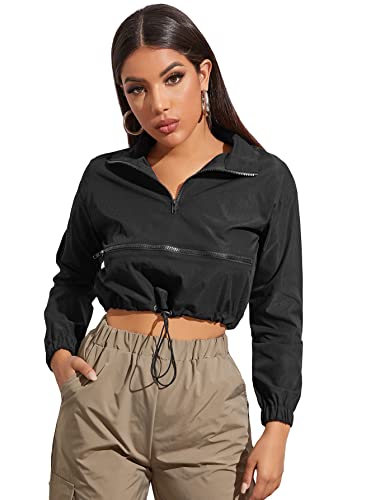Floerns Women's Half Zip Long Sleeve Drawstring Hem Cropped Jacket Windbreaker