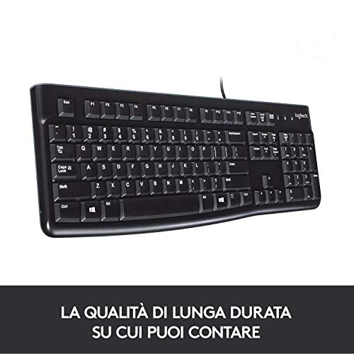Logitech Tastiera Cablata K120 per Windows, Dimensioni Regolari, Resistente ai Liquidi, Barra Spaziatrice Curva, PC / Notebook, Layout QWERTY Italiano, Colore Nero