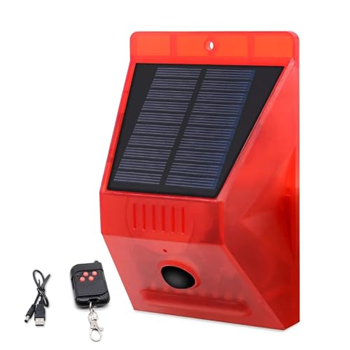 keeda Solar Warning Light with Motion Detector 129db Solar Alarm Strobe Light Outdoor 4 Work Modes Remote Control Security Siren Protected Your Home, Farm, Barn, Barn, Villa, Yard (4)
