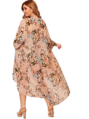 Romwe Women's Plus Size Floral Print Sheer Beach Swimsuit Cover Up Long Kimono Multicolor-2 3X Plus #TOP1