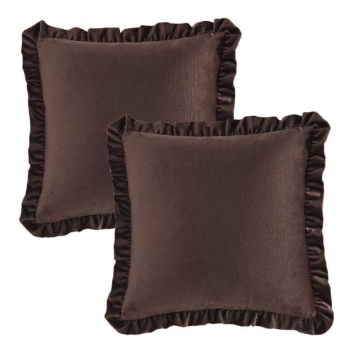 Image of Velvet Coffee 16x16 Pillow Covers, Set of 2 Decorative Ruffle Cushoin Pillow Covers for Sofa Couch