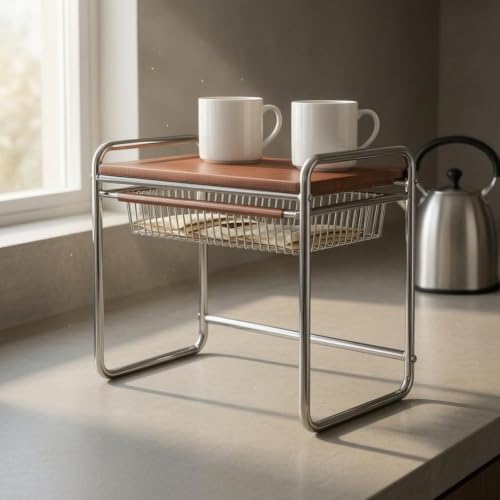 RMWHGDUL Kitchen Storage Rack Countertop Organizer Shelf Stand With Wooden Top And Metal Frame Wire Basket Shelf For Everyday Items suitable for cooking prep areas small kitchens dorms - Image 7