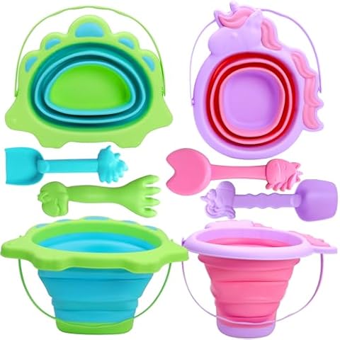 wagkew 2 Packs Foldable Beach Bucket Set, 2.5L Multi Purpose Sand Buckets and Shovels for Boys and Girls, Collapsible Sand Toys for Beach Party, Fun Summer Activities for Kids （Unicorn and Dinosaur） Cover