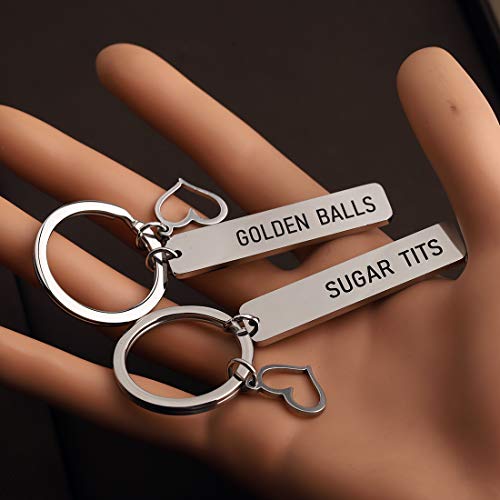 Image of CENWA Funny Couples His and Her Keychain Set Golden Balls Sugar Tits Anniversary Wedding Jewelery Inappropriate Jewelery (golden balls sugar tits K)
