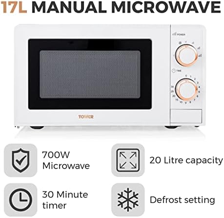 Tower T24029WRG Linear Manual Solo Microwave with 4 Power Levels, 30 Minute Timer, Defrost Function, 700W, 17 Litre, White and Rose Gold