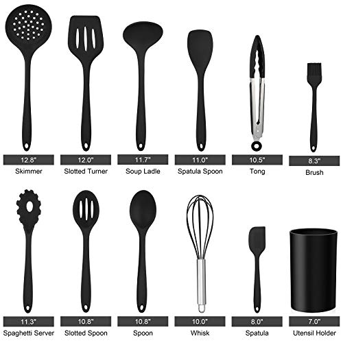 Image of LIANYU 12-Piece Black Silicone Kitchen Cooking Utensils Set with Holder, Kitchen Tools Include Slotted Spatula Spoon Turner Ladle Tong Whisk, Dishwasher Safe