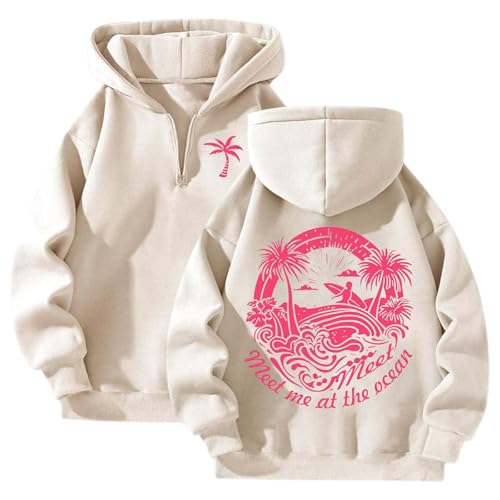 Sudadera de gran tamaño con capucha y estampado de palmeras para mujer, con bolsillo, cordón, cómoda, ligera, para la calle, beige, XL