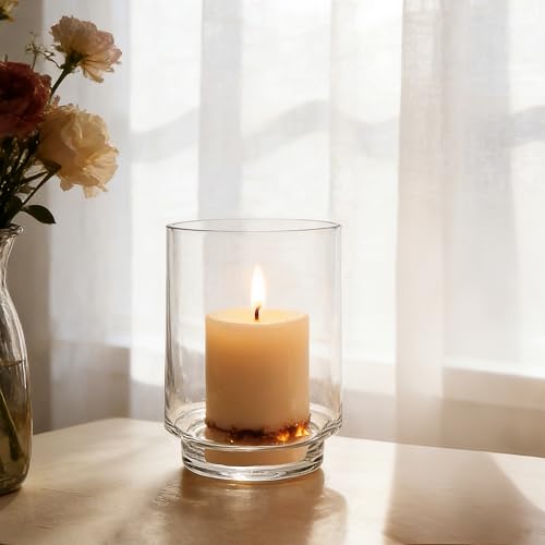 6" Wide Clear Glass Hurricane Candle Holder with Pedestal, Footed Decorative Vase for Pillar Candles, Cylinder Candleholder, Clear Glass Vase, for Mantels, Tabletops, Centerpieces, Entryways, Shelves