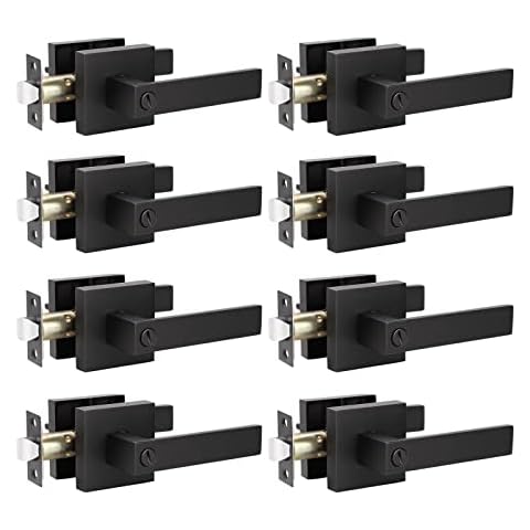 KNOBWELL 8 Pack Matte Black Interior Privacy Door Lever, Bedroom Door Knobs with Lock, Square Lever Door Handle, Heavy Duty Black Door Lever Handle Cover